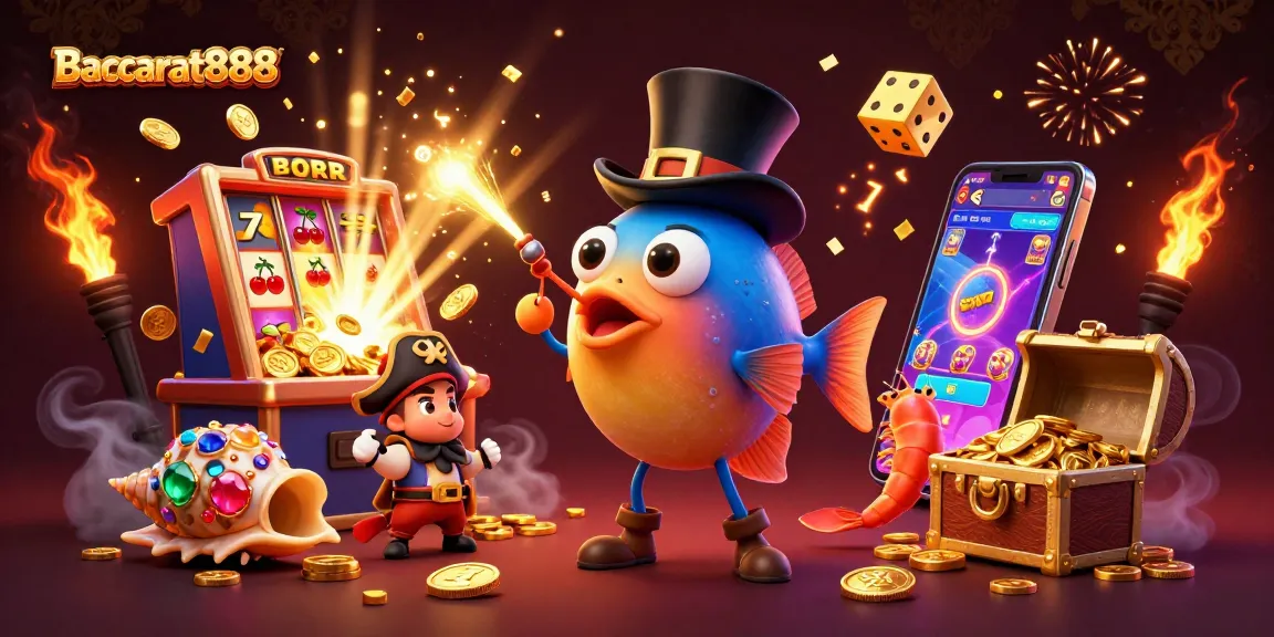 Baccarat888 showcases a vibrant casino experience with cartoon characters attracting gold coins amidst a jackpot explosion.
