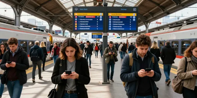 Commuters at a lively train station in Italy checking notifications about Scioperi treni.