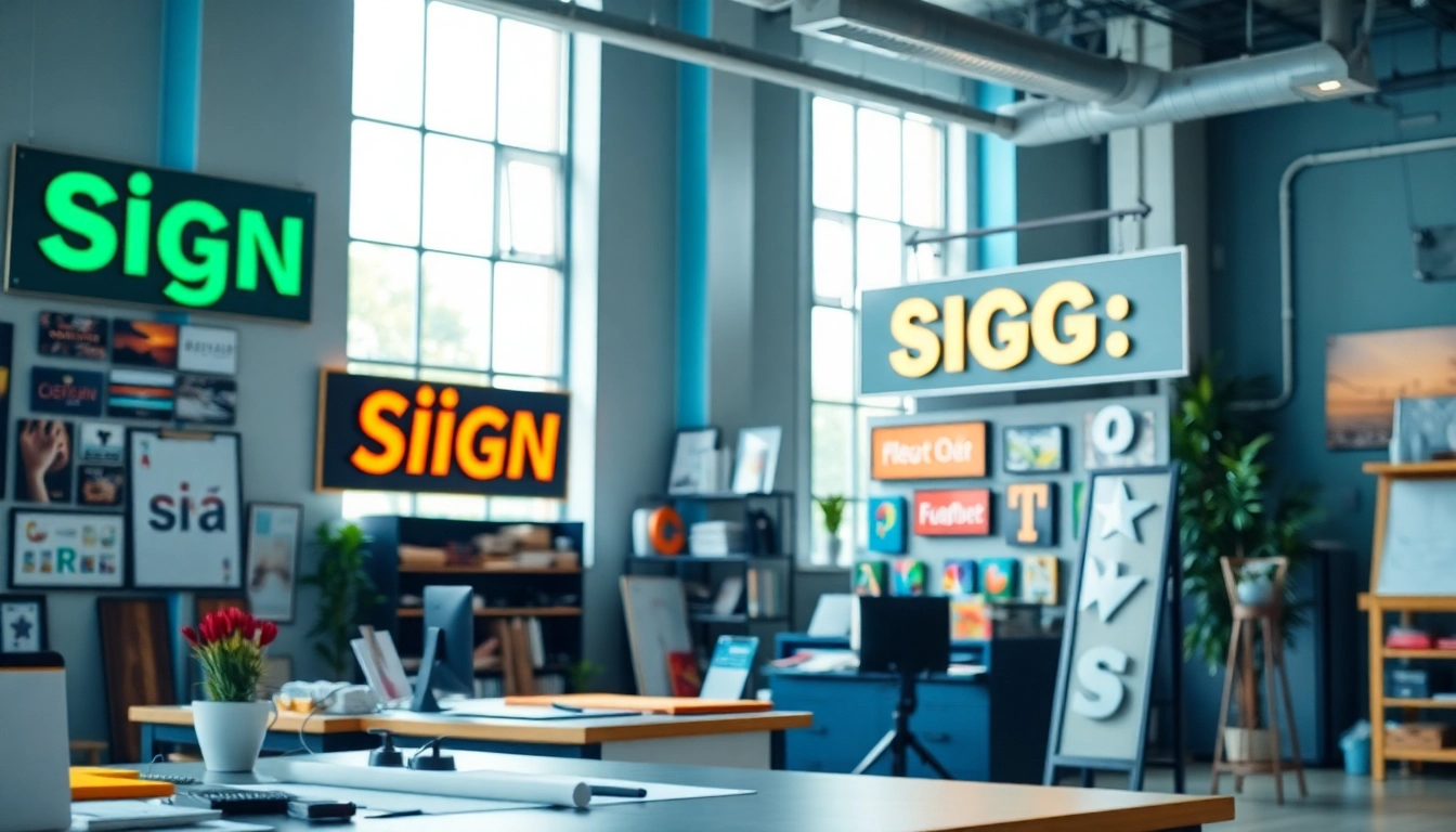 Create high-quality sign design showcasing various custom signs in a vibrant workspace.
