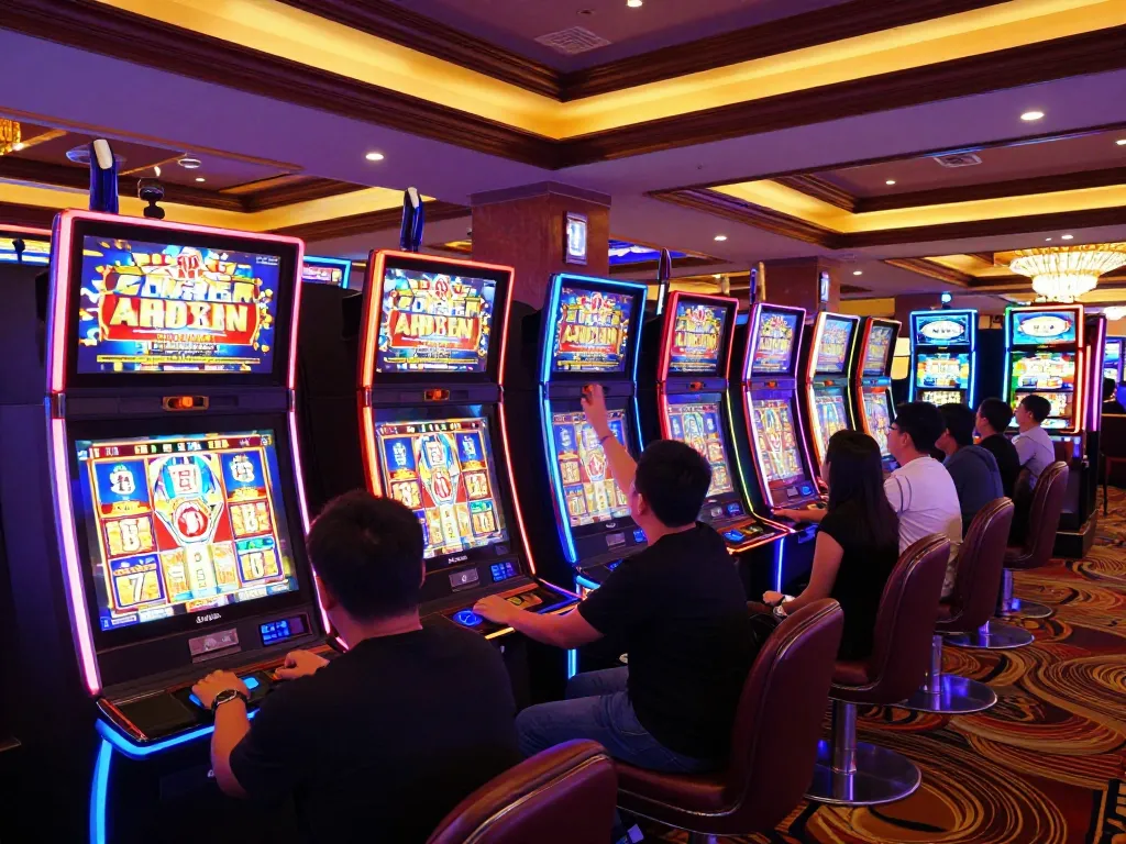 Engaging in situs slot gaming with players celebrating wins amidst colorful slot machines.