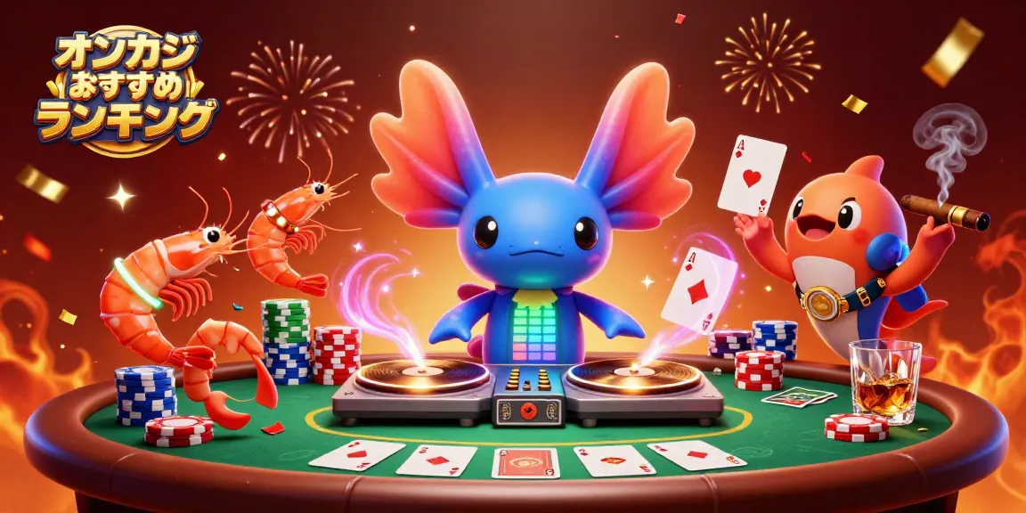 オンカジ おすすめ ランキングで、ネオンカラーのアホロートルDJがポーカーテーブルでパフォーマンス中。