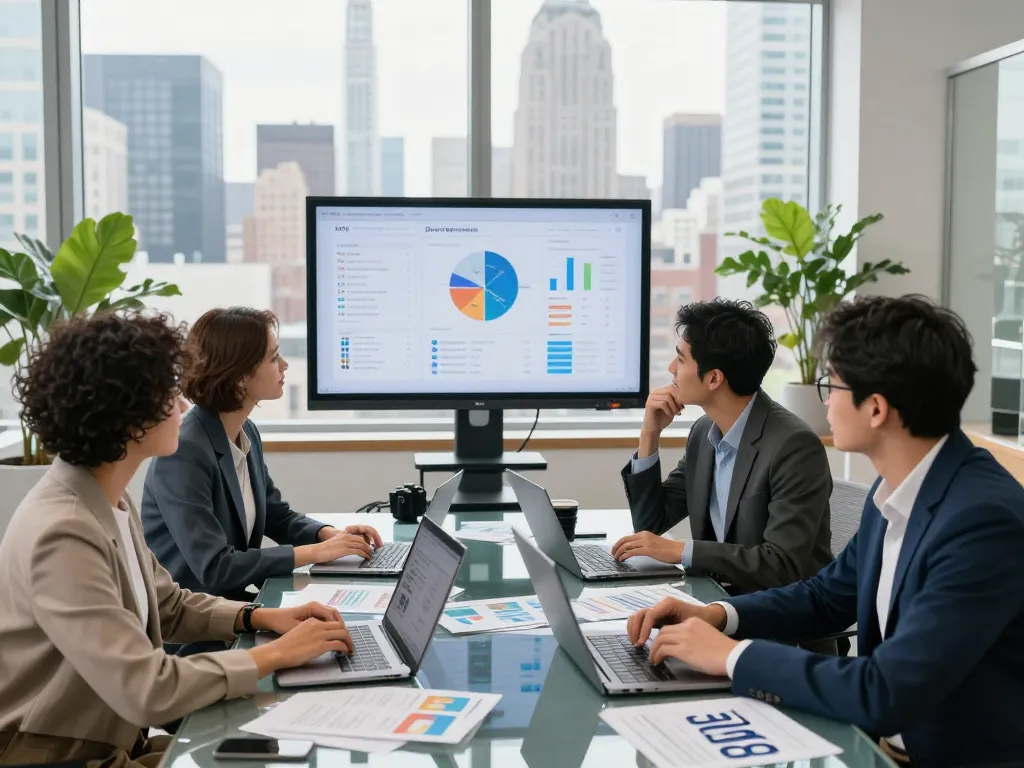 Team collaborating on SEO strategies in a modern NYC office, showcasing a vibrant business atmosphere with dynamic presentations.