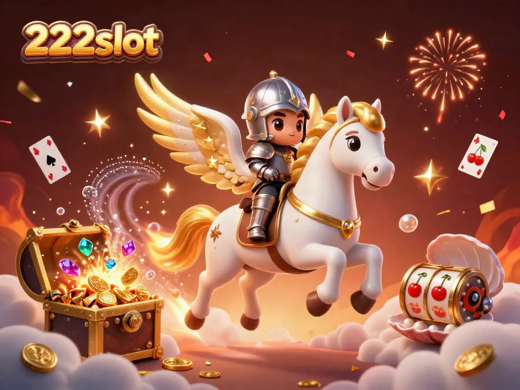 Pemain 222slot merasakan keseruan bermain game dengan kuda putih bersayap dan peti harta karun berisi koin emas.