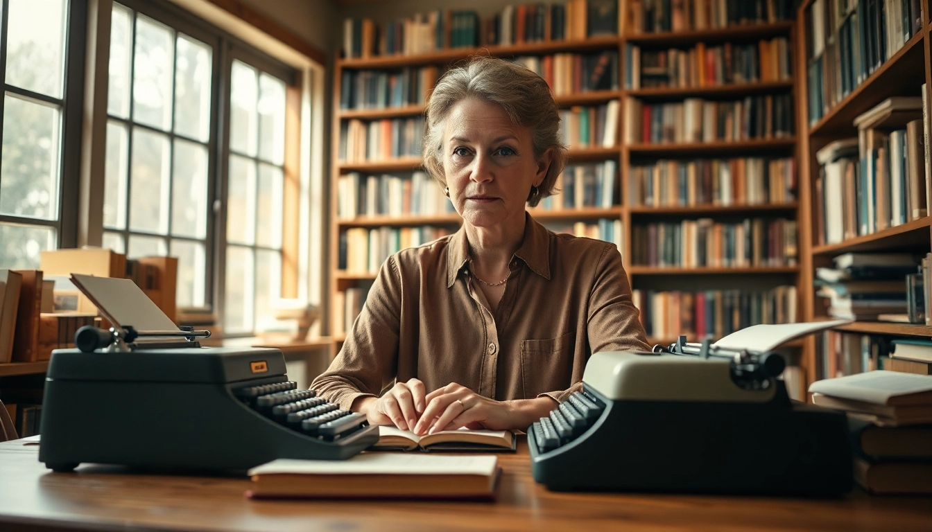 Author creating literary works in a cozy setting with books and typewriter.