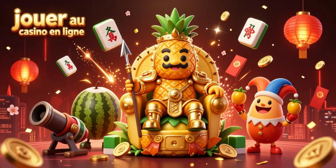 Jouez au casino en ligne avec l'illustration animée de roi ananas sur trône et gardes fruitiers captivants.