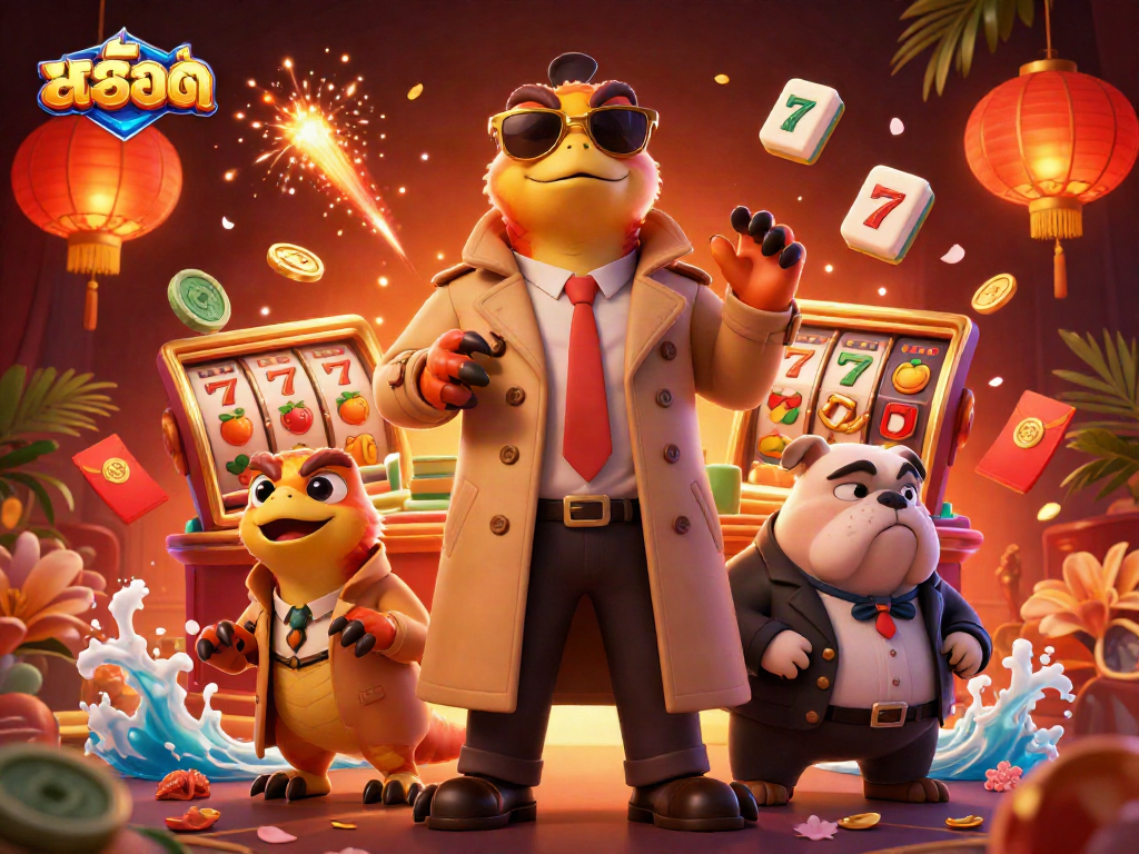 Engage in thrilling สล็อต action with 3D cartoon raptors entering a VIP lounge at a casino.