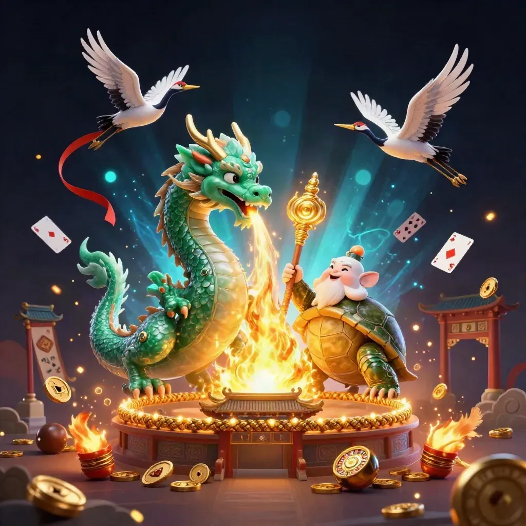 Emerald jade dragon, turtle sage and cranes amid gold fire, coins and blue nebula light