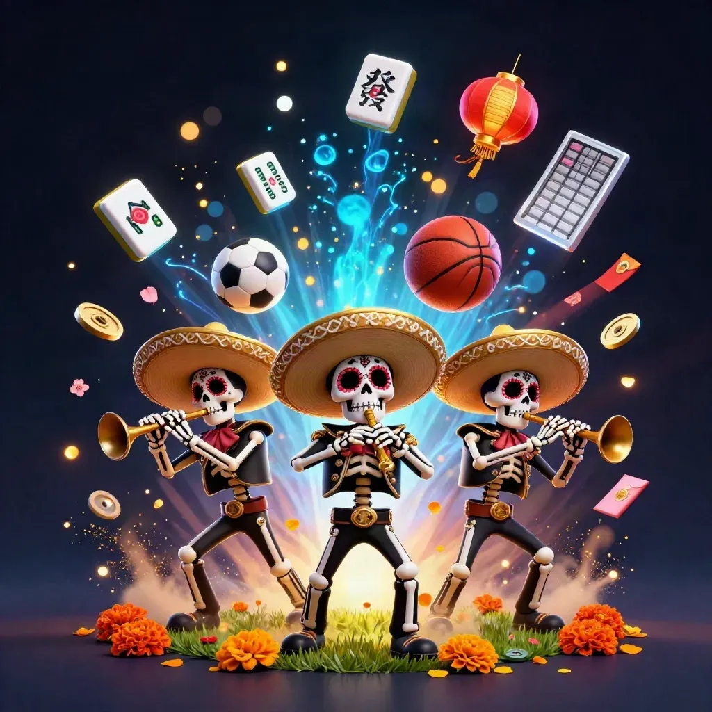 Skeleton mariachi trio with flying balls, petals, coins, lanterns and electric blue casino lights.