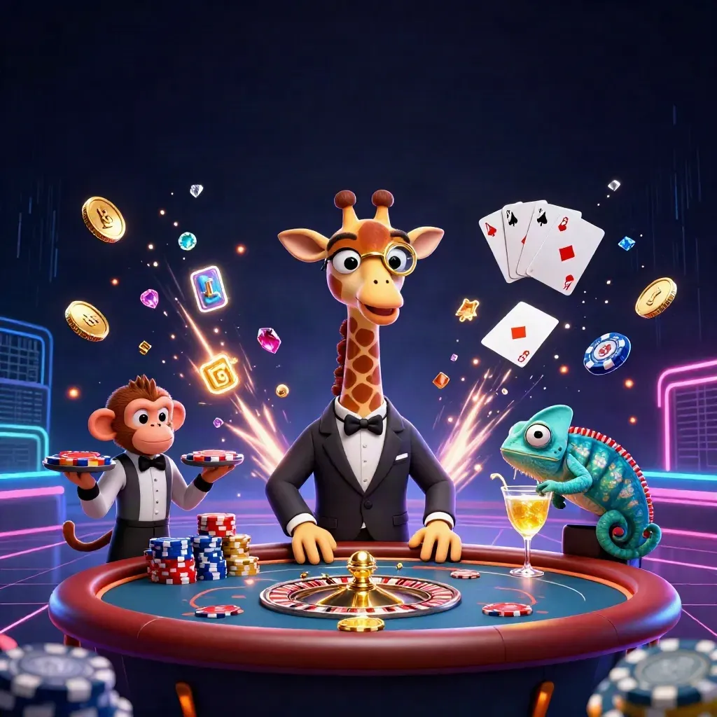 Giraffe, monkey valet, and chameleon bartender amid neon casino coins, cards, chips, and blue light.