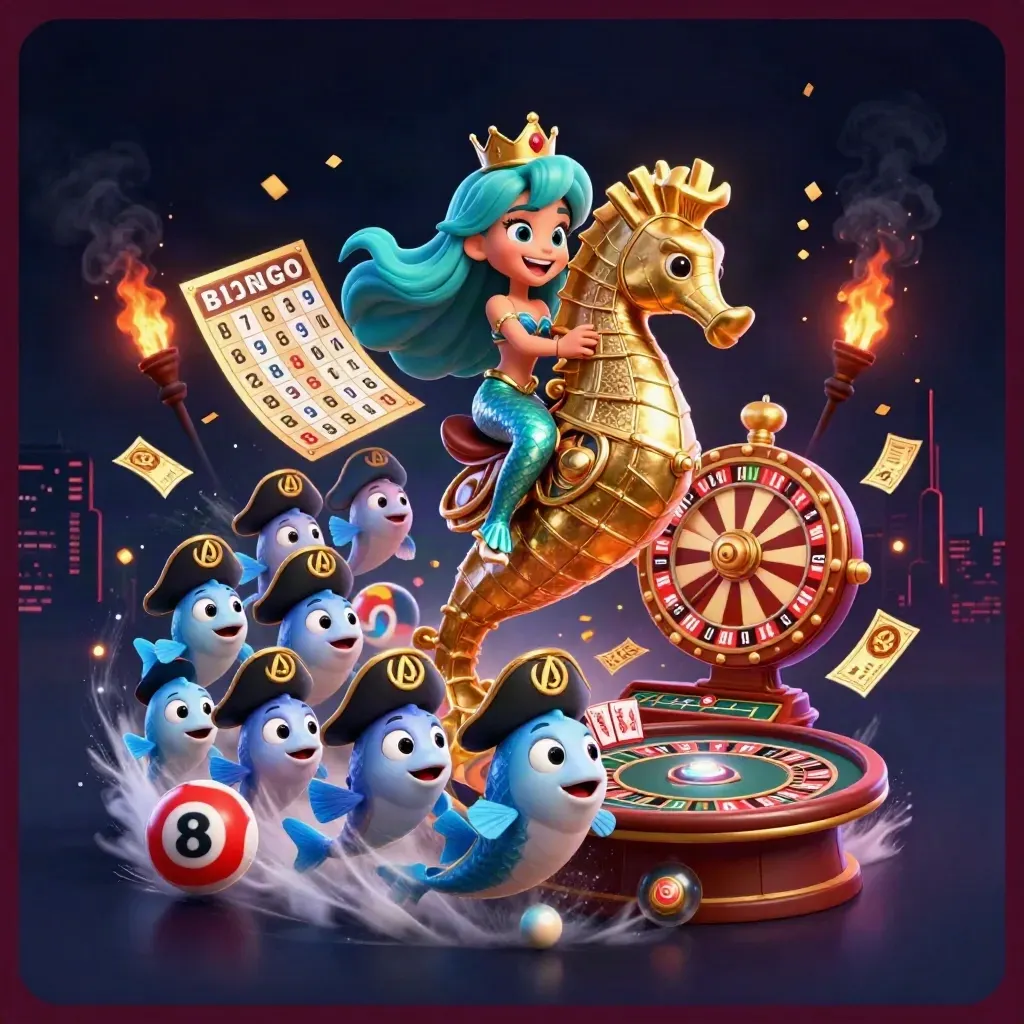 Mermaid princess rides a golden seahorse amid casino lights, balls, wheel, and confetti.
