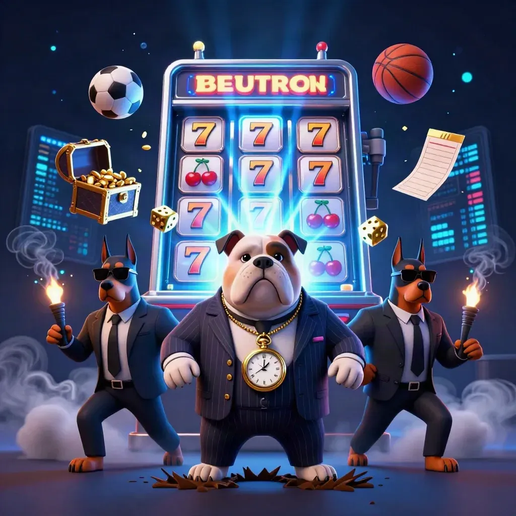 Low-angle cartoon bulldog boss and Dobermans amid slot bursts, balls, gold, and blue sparks.