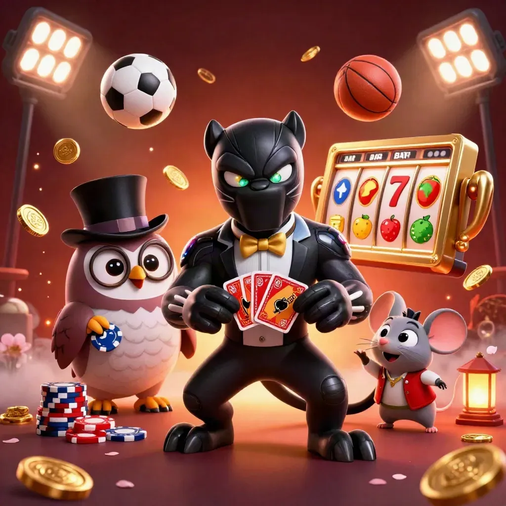 Panther, owl, and mouse in casino action with balls, coins, trophy, and fiery glow.