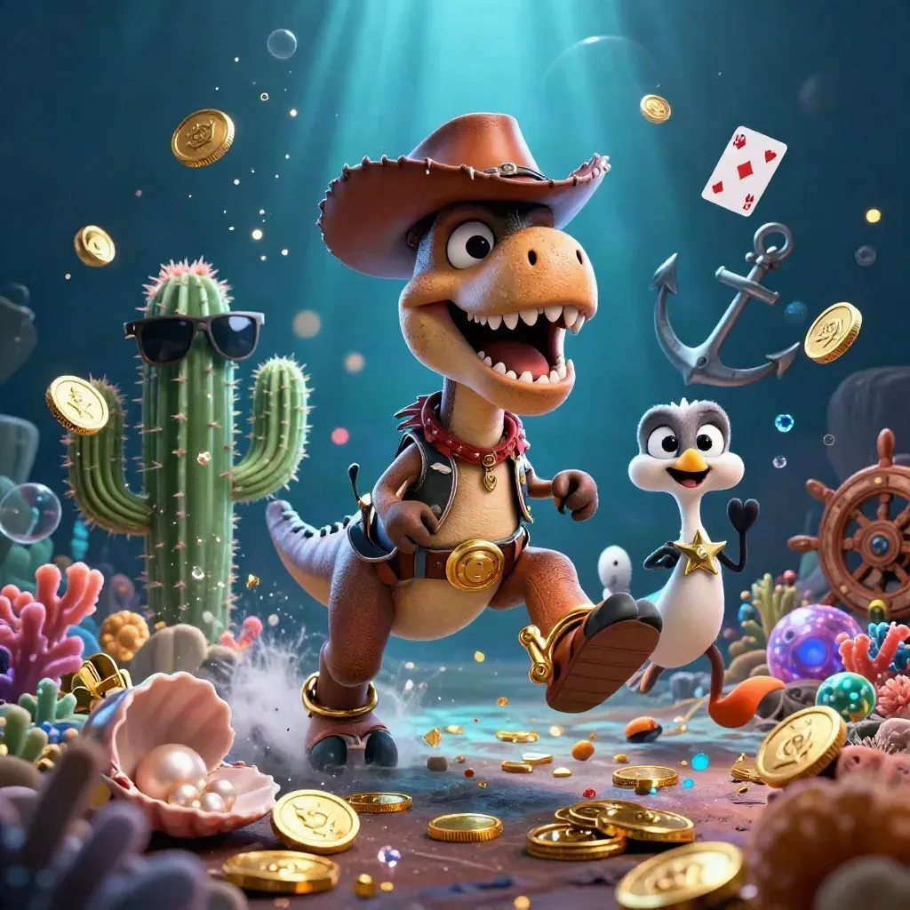 Cowboy T-Rex, cactus sidekick, and sheriff roadrunner in an underwater treasure cove