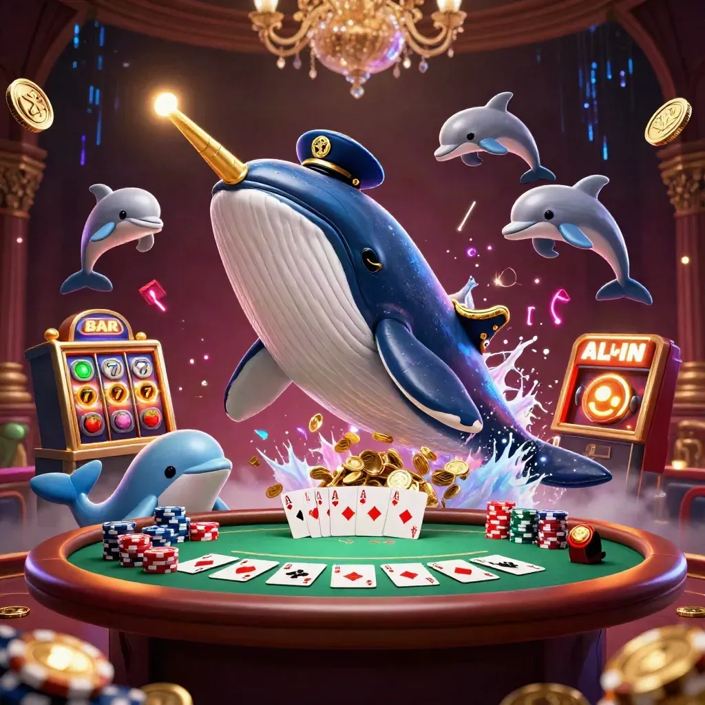 Whale captain, narwhal, and dolphins erupt amid casino chips, aces, and neon energy.