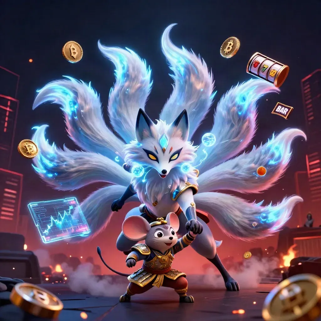 Fox spirit and samurai mouse amid glowing coins, lightning, and neon casino effects.