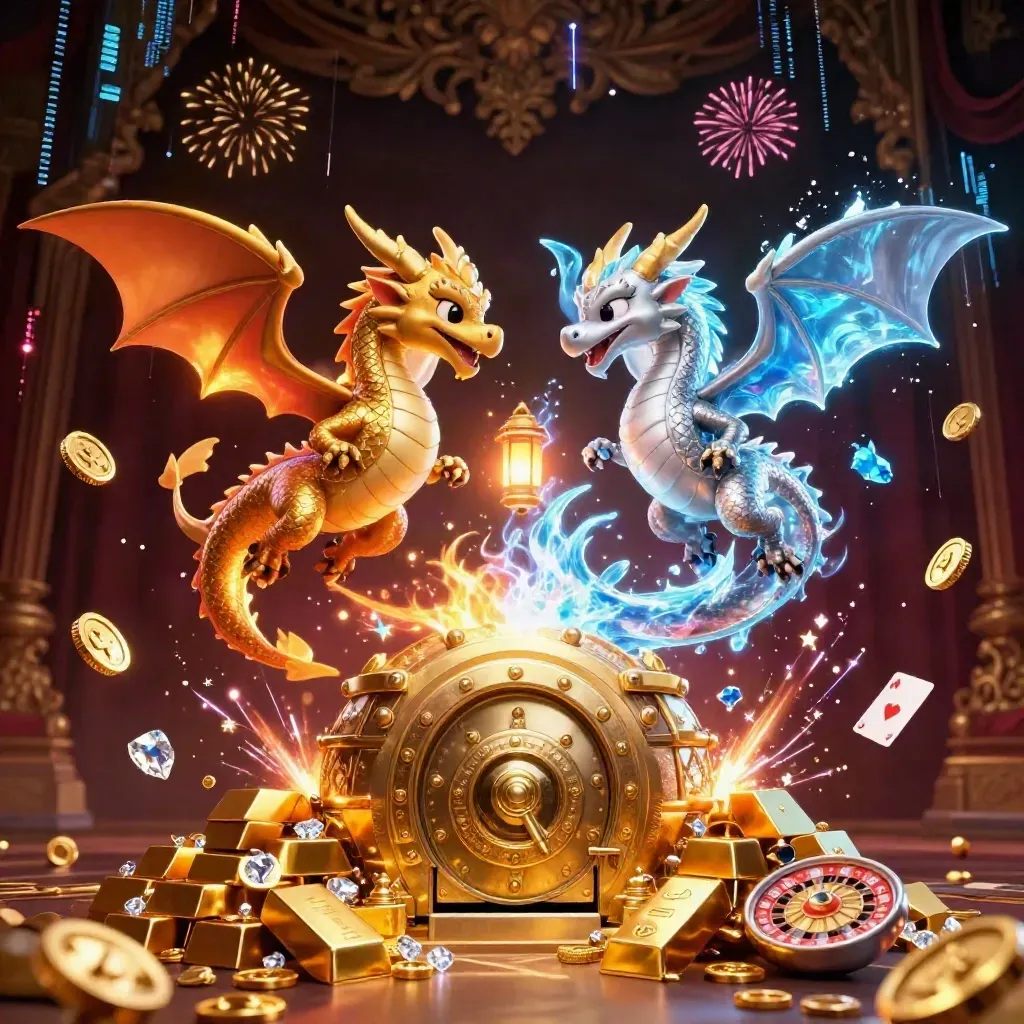 Twin gold and silver dragons burst from a vault amid coins, gems, and neon fireworks.