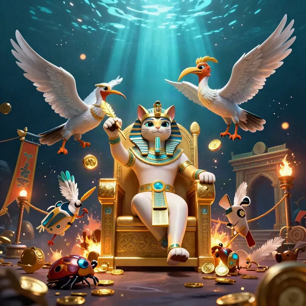Pharaoh cat, ibis scribe and gem-wing scarabs amid coins, banners, blue rays and golden magic.