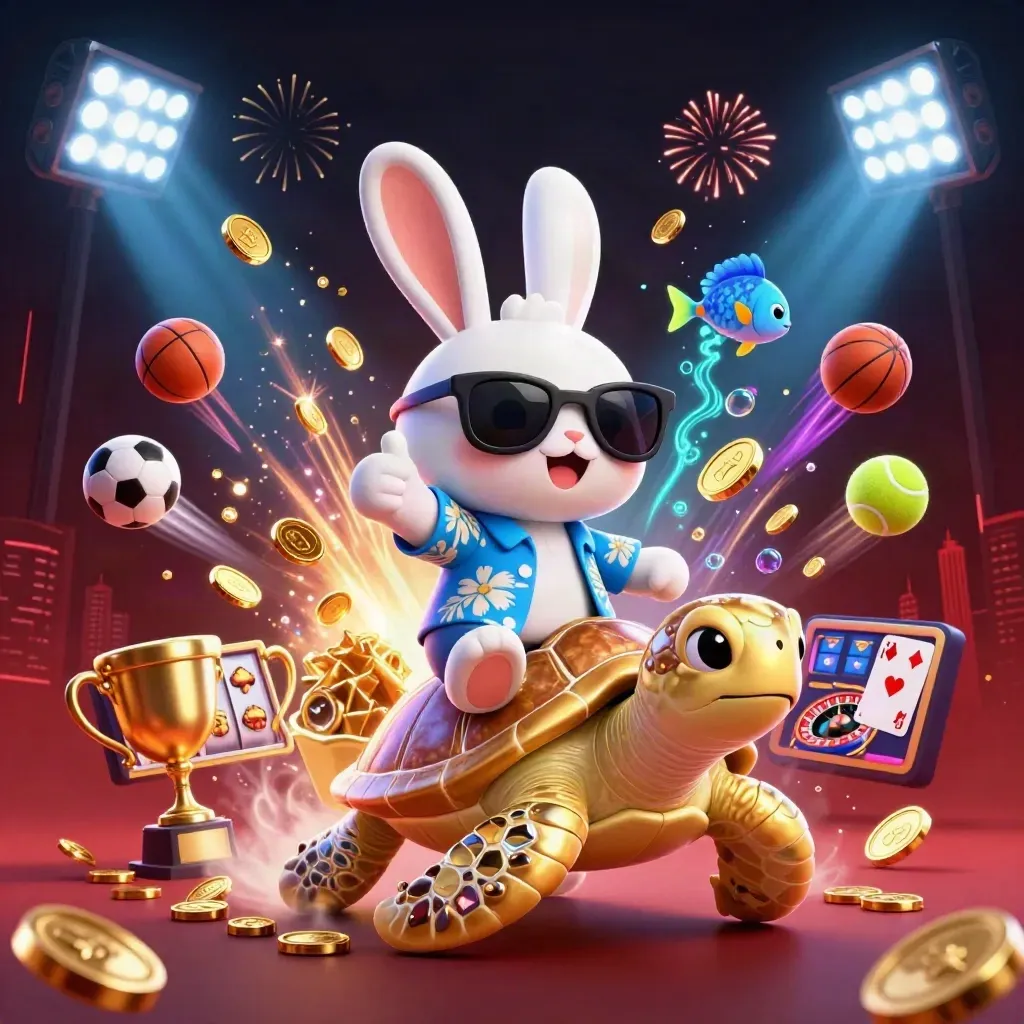 Lucky rabbit rides a jeweled sea turtle through coins, sports balls, fireworks, and blue-gold casino light.