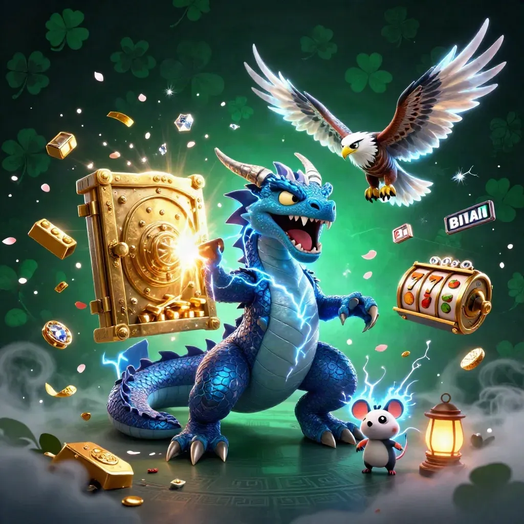 Thunder dragon with hawk and mouse amid vault gold, gems, reels, and blue lightning