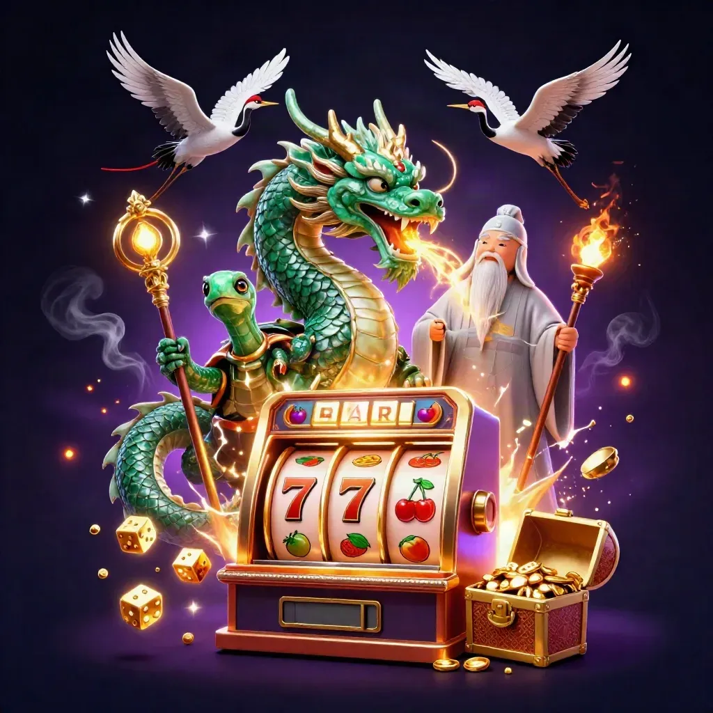 Jade dragon, turtle sage, and cranes amid exploding slot reels, gold fire, and casino treasures.