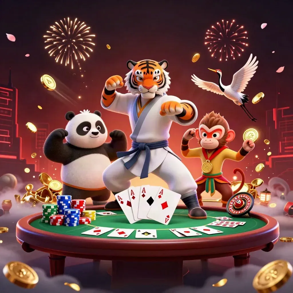 Tiger, panda, and monkey burst amid coins, cards, fireworks, and a glowing skyline.