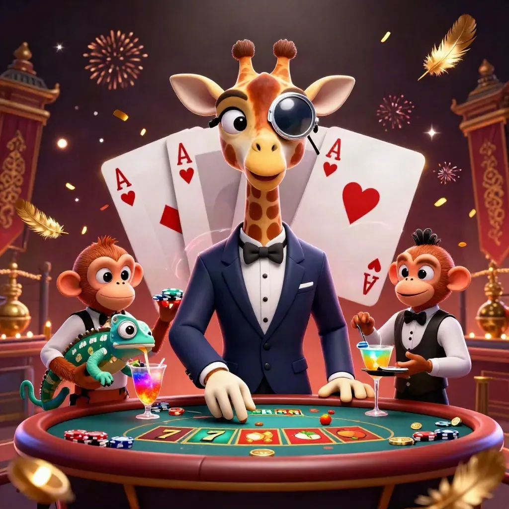 Giraffe, monkey valet, and chameleon bartender in a luxe casino scene with coins, reels, and blue glow