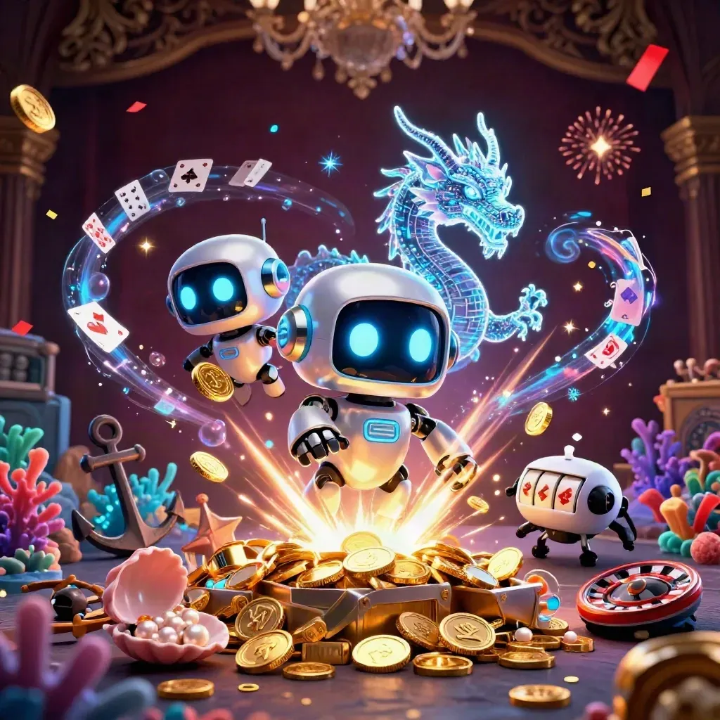 Cyberpunk robot, AI dragon and coin drone burst from a coin-filled treasure cove.