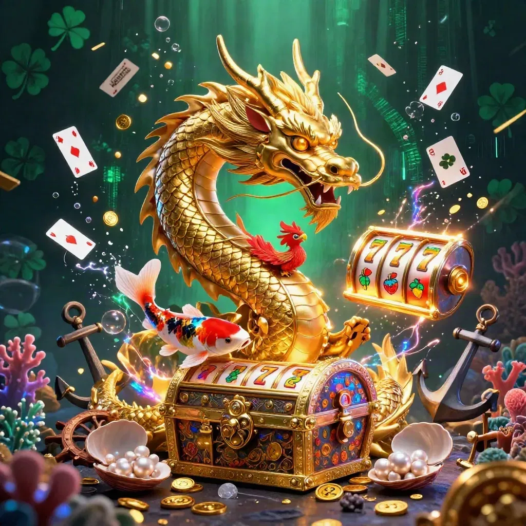 Golden dragon with phoenix and koi over treasure chest amid casino reels and glowing loot