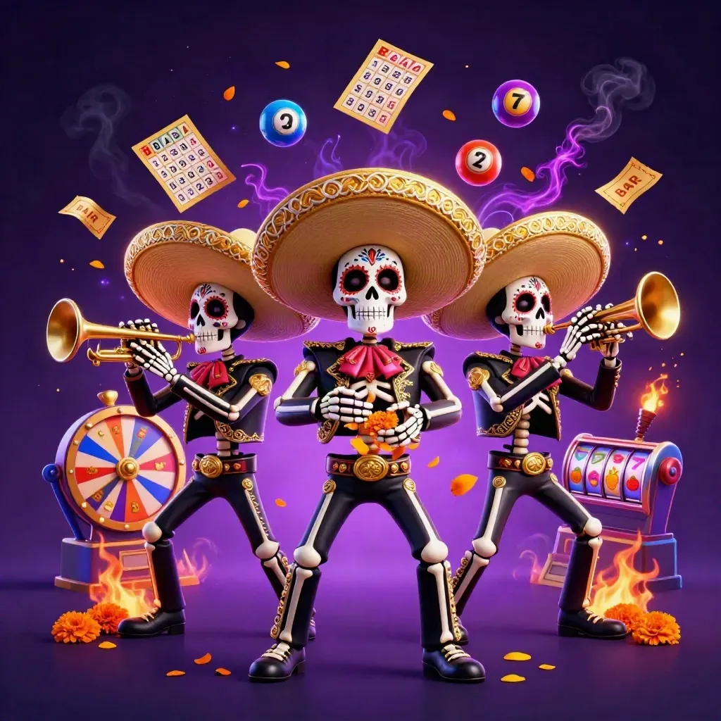 Skeleton mariachi trio amid casino symbols, glowing in navy, electric blue, silver and white