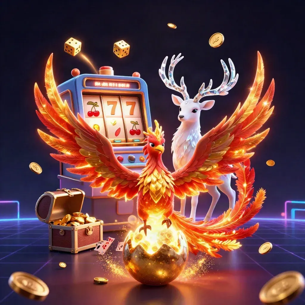 Phoenix, hatching chick, crystal stag, slot burst and gold on a neon navy casino backdrop.