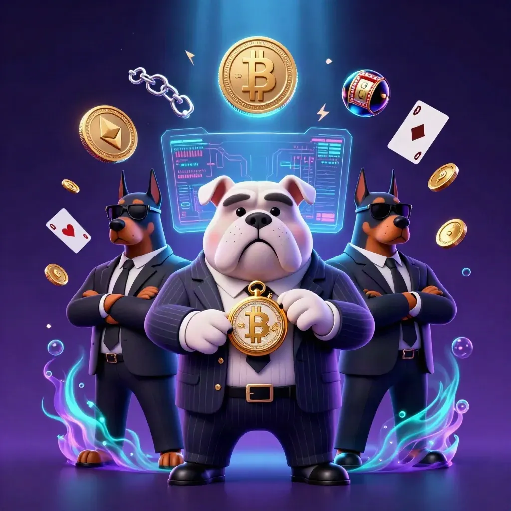 Bulldog boss with two Dobermans amid glowing coins, neon links, and casino effects