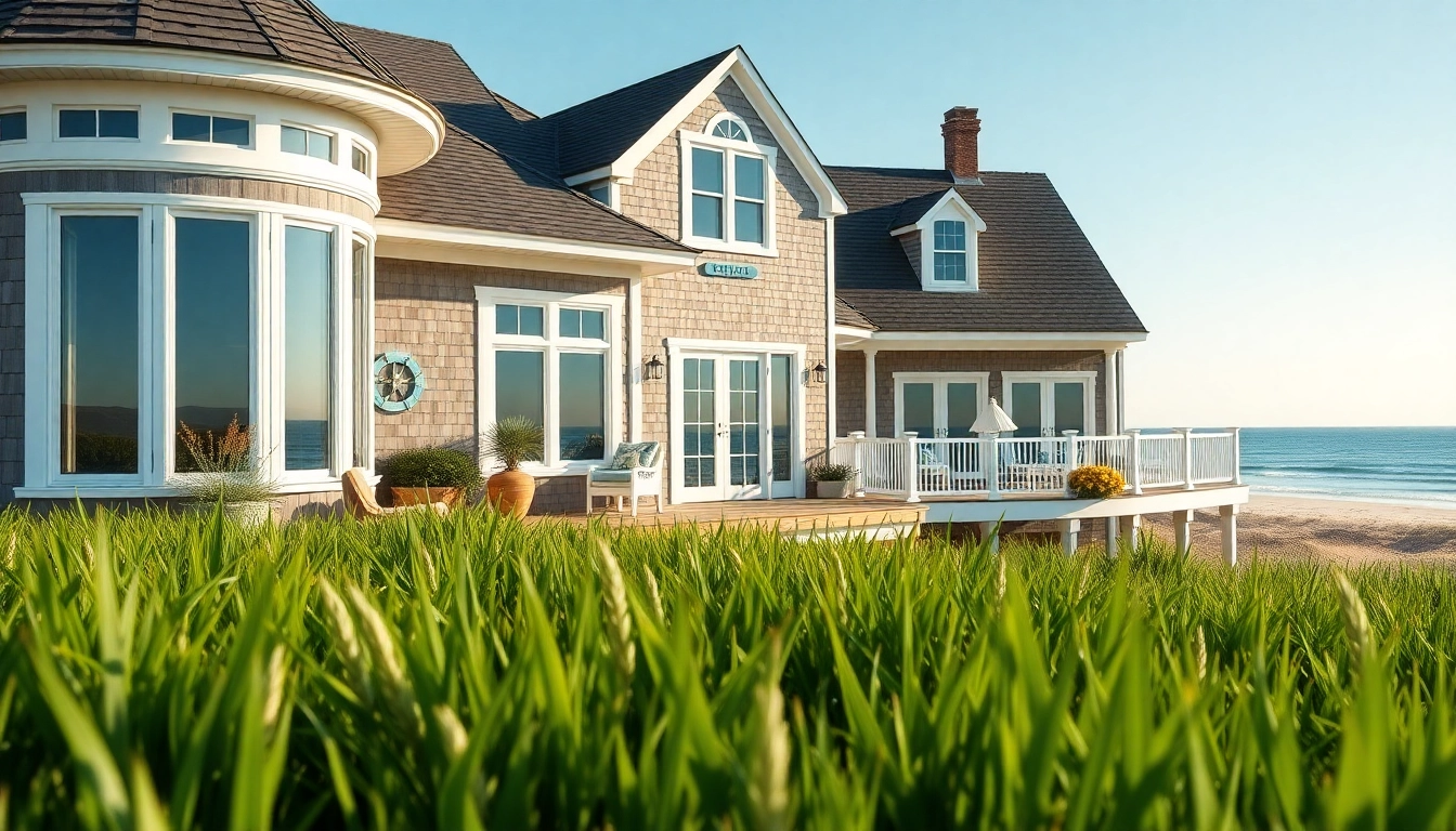 Cape cod home with elegant exterior in a serene coastal setting featuring large windows and a wraparound porch.