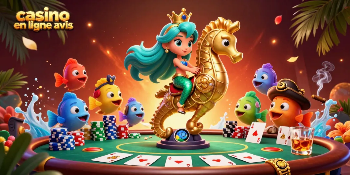 Illustration dynamique de casino en ligne avis avec des personnages et des éléments de poker colorés.