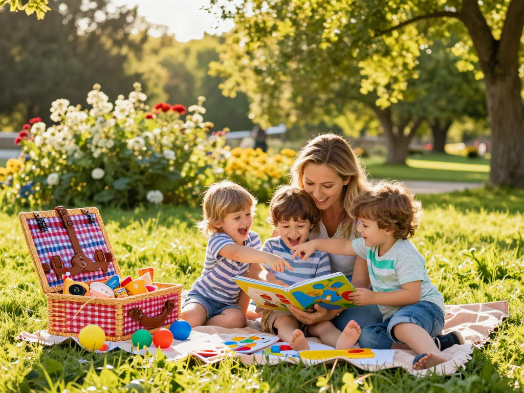 Mother sharing memorable moments with her children at https://mymommyworld.com during a sunny picnic.