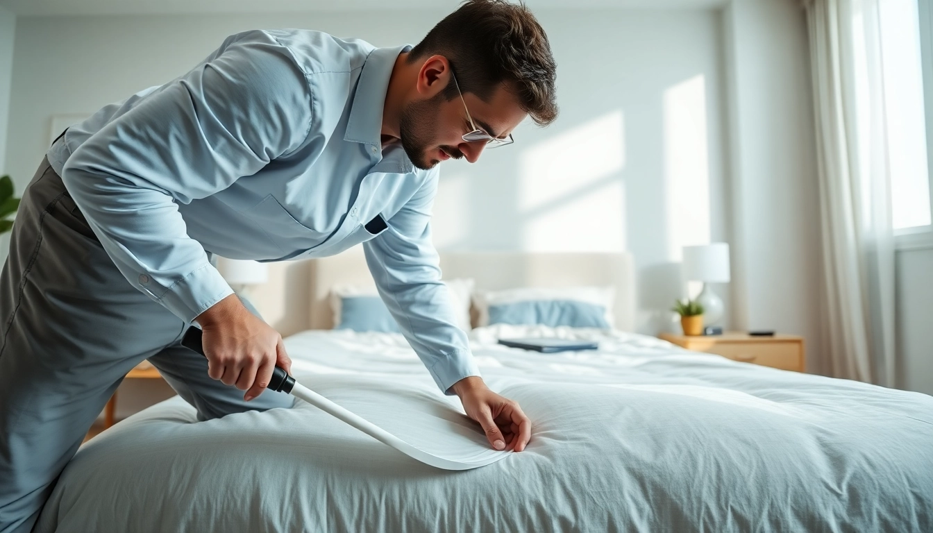 Affordable bed bug control technician treating a clean bedroom environment.