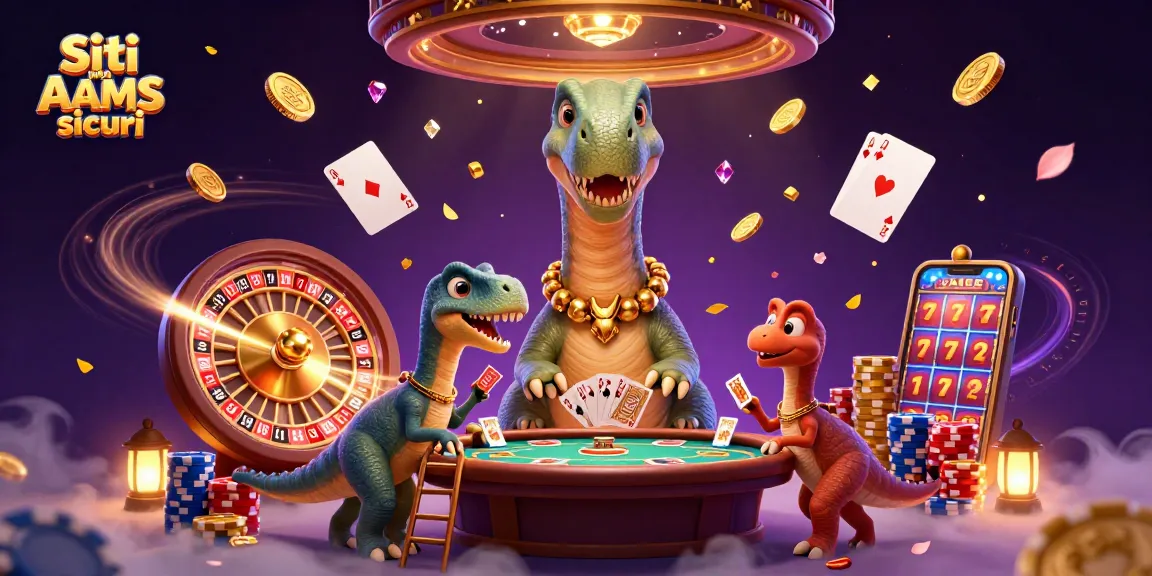 Gioco ai Siti non AAMS sicuri con brontosauro e raptor che distribuiscono carte, circondati da monete e gemme.