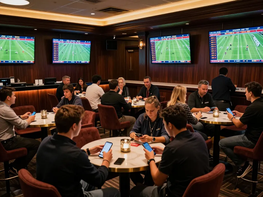 Engaged fans placing bets at 7m sports betting lounge during live football matches
