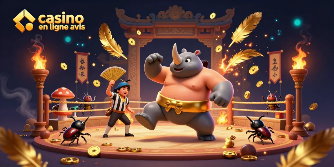 Visuel captivant illustrant un combat de sumo entre un rhinocéros et un crabe, mettant en avant l'avis de casino en ligne.
