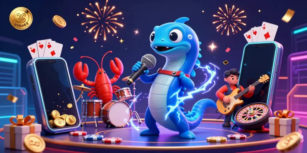 Pulau69 showcases an electric eel DJ in an underwater casino, surrounded by vibrant gaming elements.