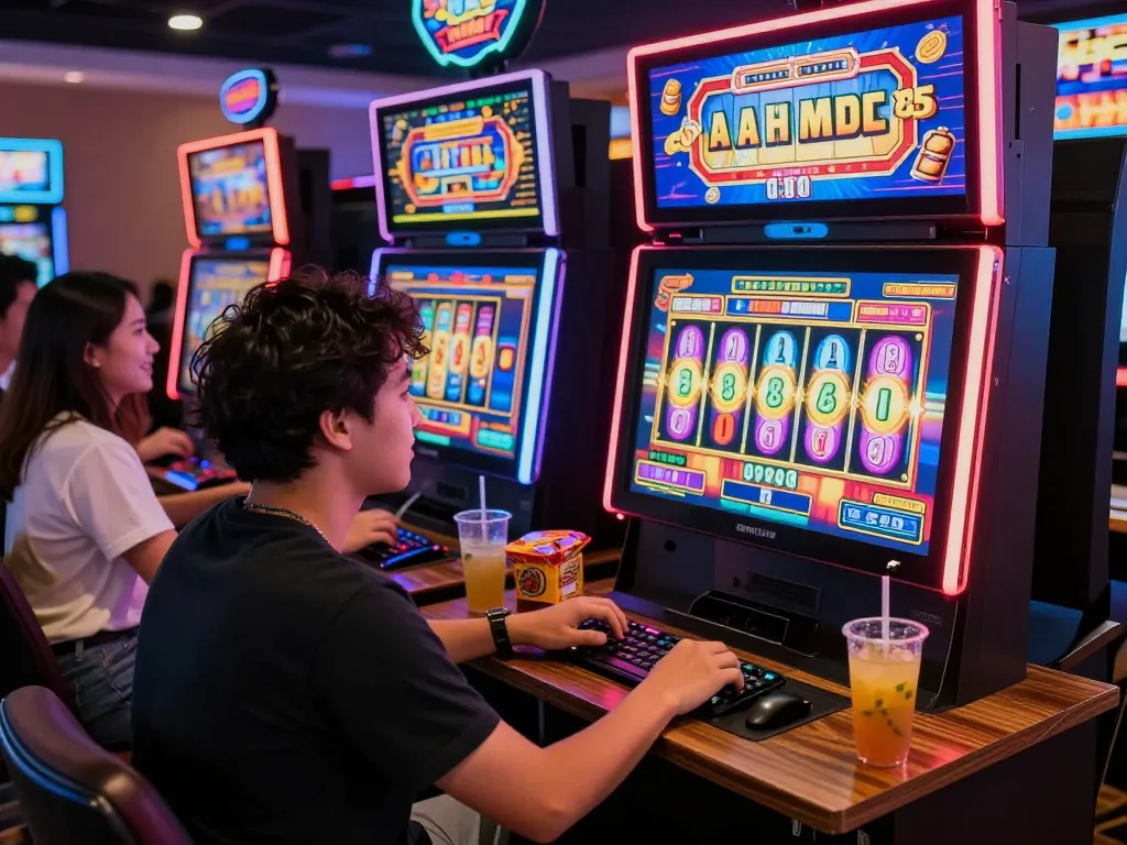 Player enjoying a slot gacor game in a lively online casino environment with vibrant graphics and friendly atmosphere.