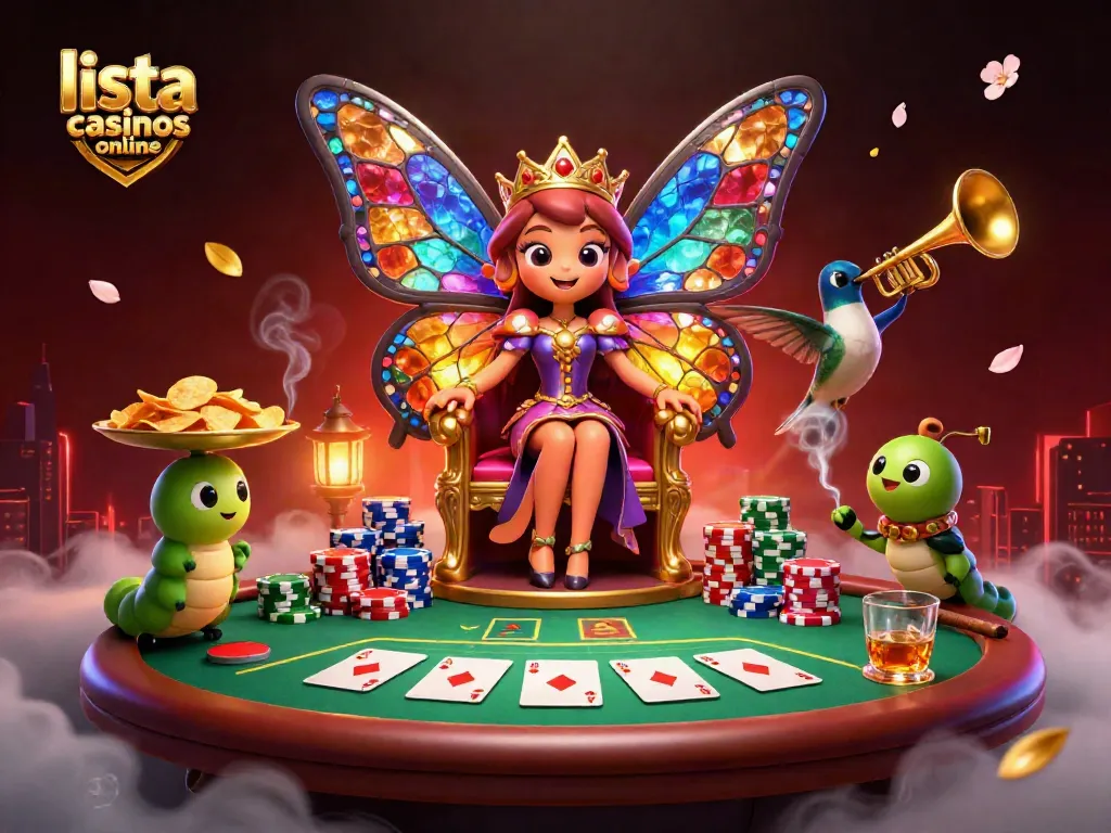 Lista de casinos online: ilustración 3D de una reina mariposa en un casino lleno de emoción.
