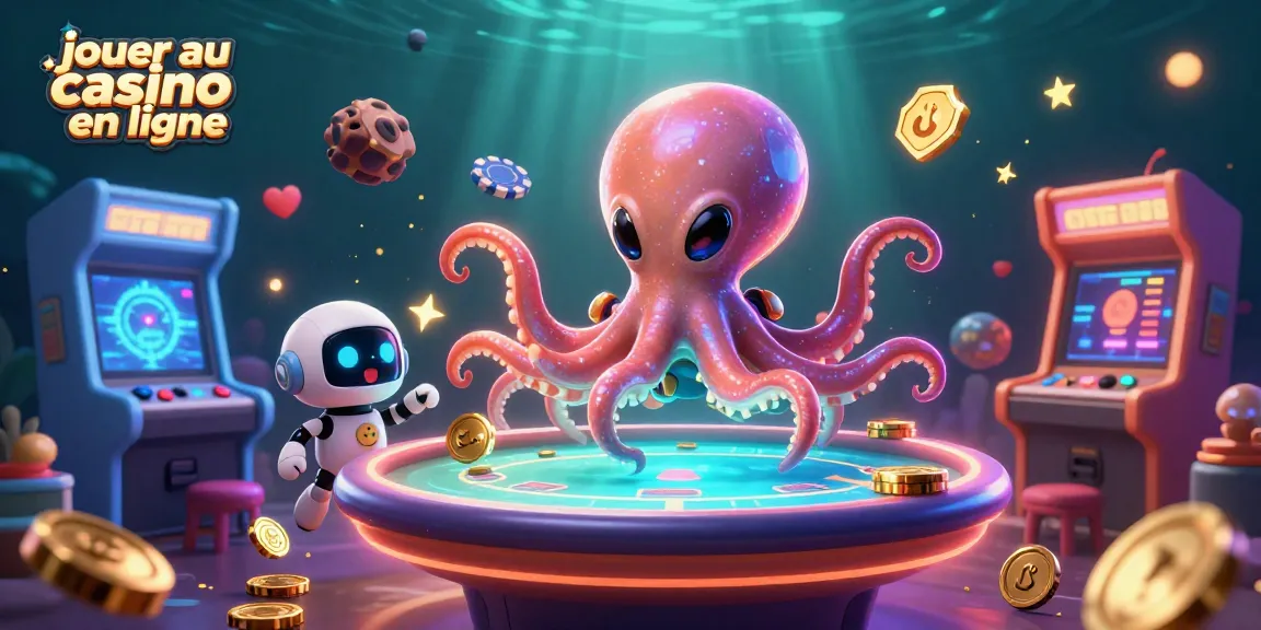 Jouer au casino en ligne avec un poulpe extraterrestre et son robot dans une scène dynamique de poker.