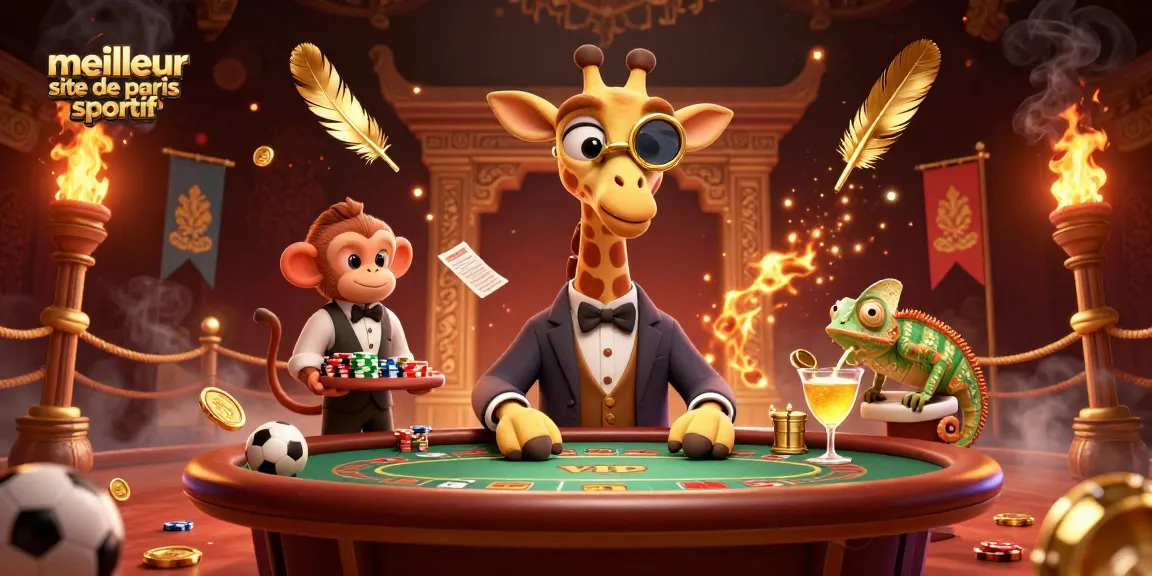 Visuel dynamique du meilleur site de paris sportif avec une girafe aux cartes et un valet, entourés de ballons et de jetons d'or.