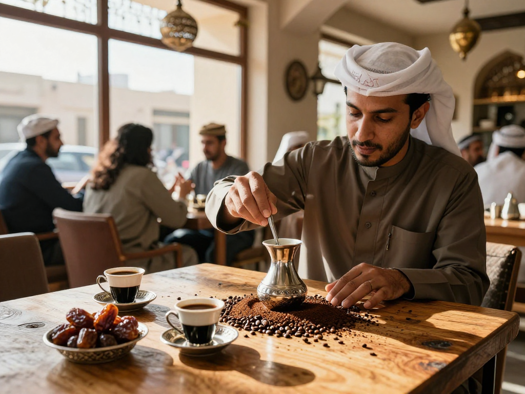 قهوجي الرياض يعد القهوة التقليدية في مقهى مليء بالحياة.