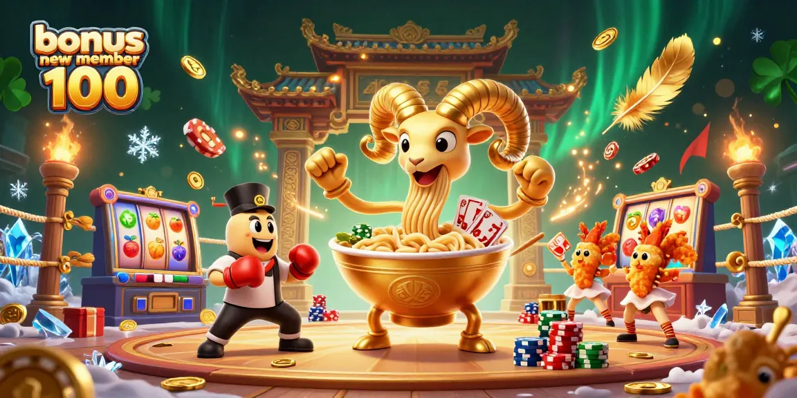 Experience the excitement of winning with bonus new member 100, featuring a lively casino scene with a giant ramen bowl character.