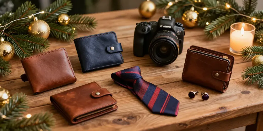 Christmas gifts for him including stylish leather wallets and silk ties displayed on a festively decorated table.