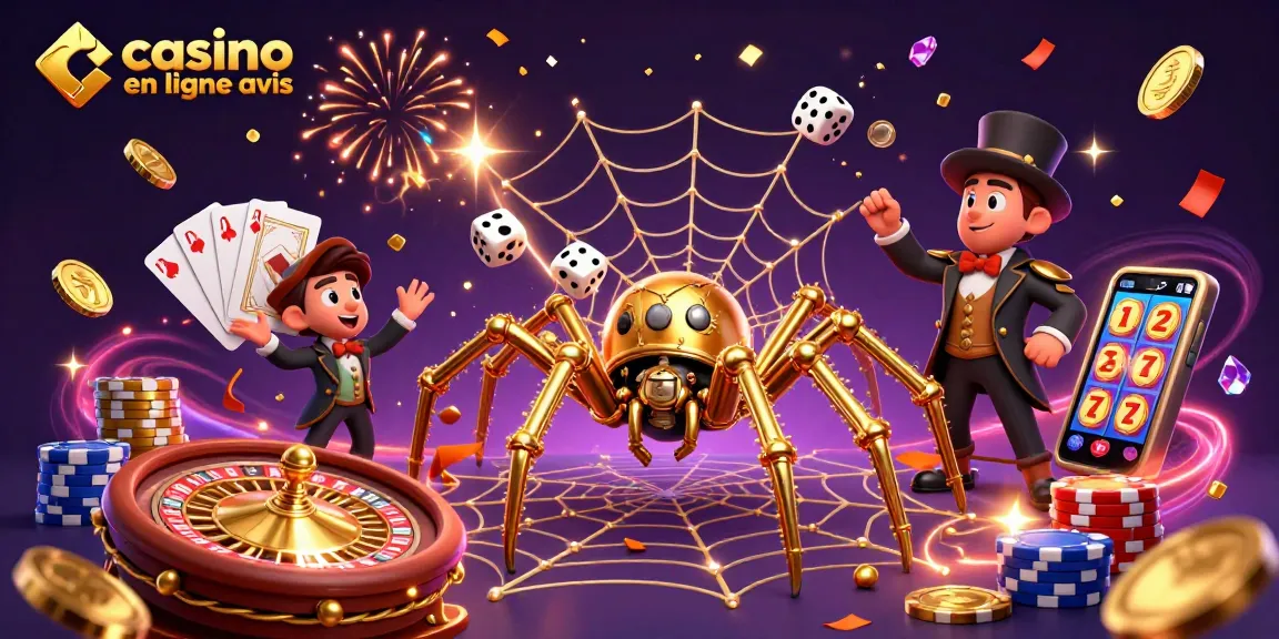 Évaluez les casinos en ligne avec cette scène dynamique et colorée aux éléments de jeu captivants.