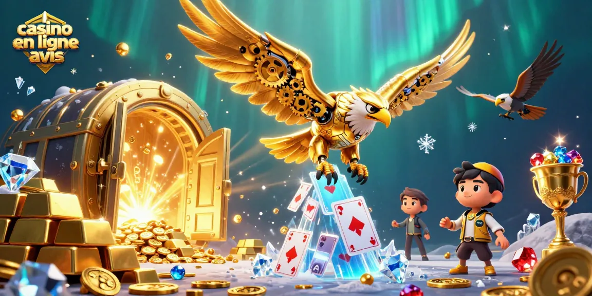 Casino en ligne avis : Illustration dynamique de jeux d'argent avec un aigle cybernétique et des cartes holographiques.
