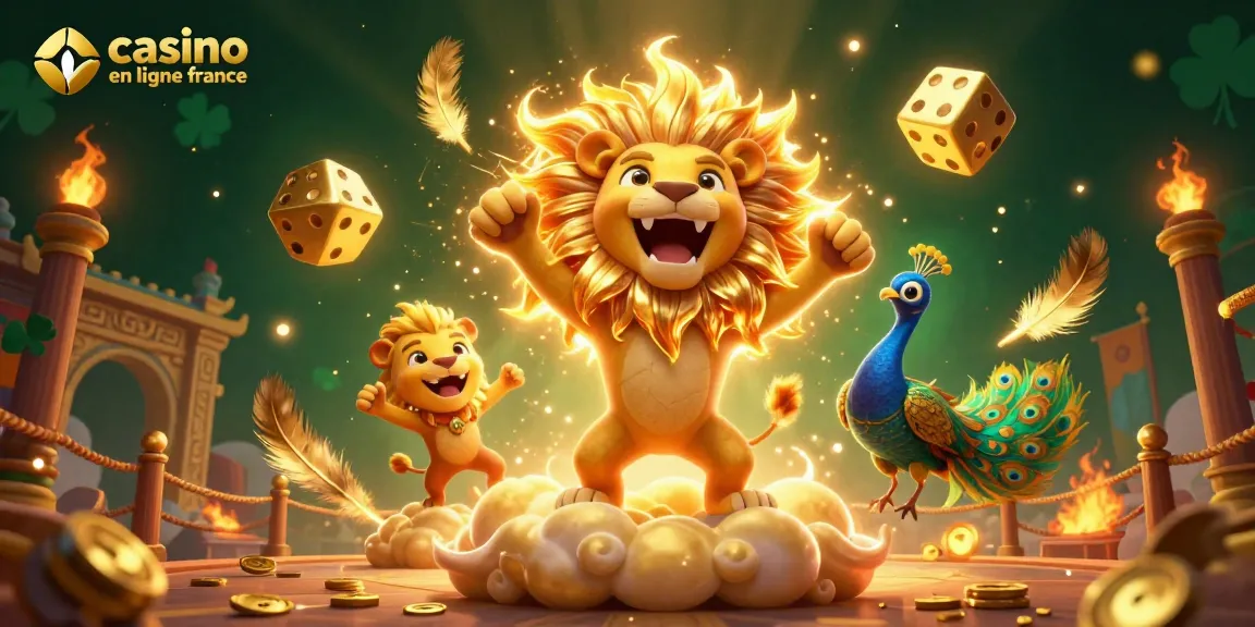 Jouez à des jeux captivants dans un casino en ligne France avec un lion majestueux et des dés dorés.