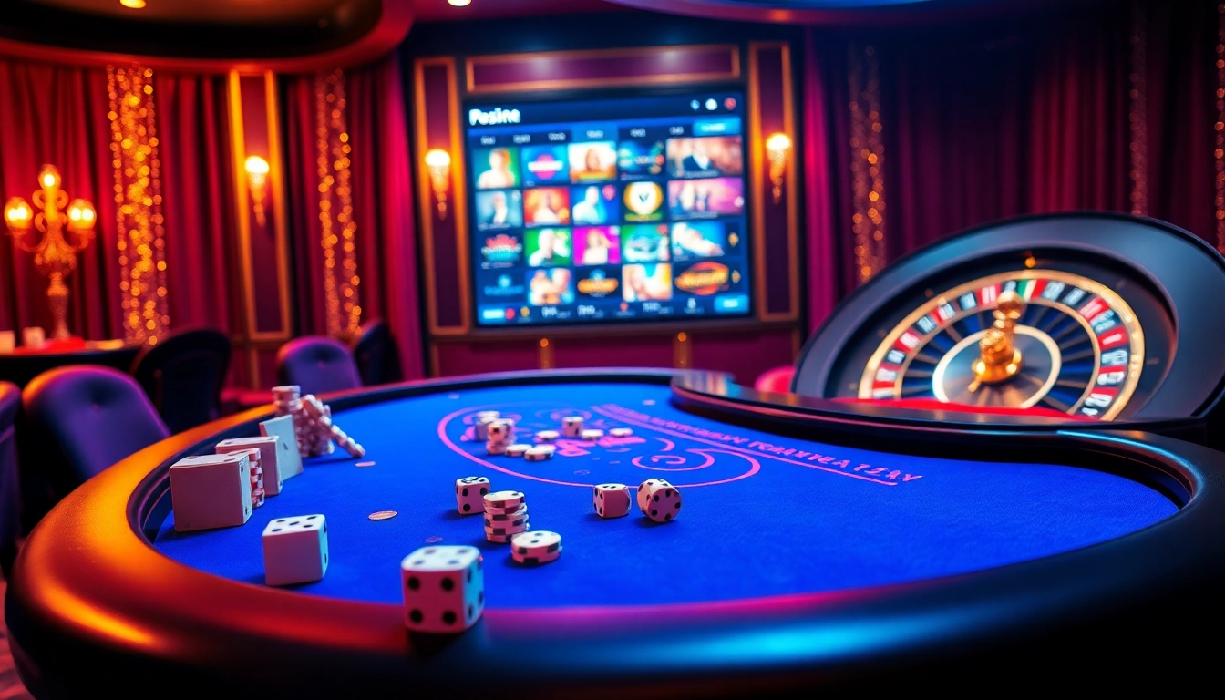 Vivez l'excitation d'un site de casino en ligne avec une table de poker luxueuse et une roue de roulette.